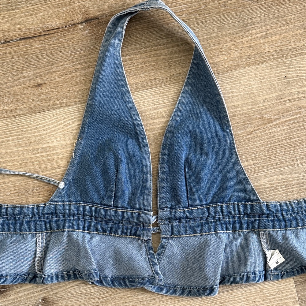 Denim Halter Ruffle Tank Top - Light Blue - Picture 4 of 5